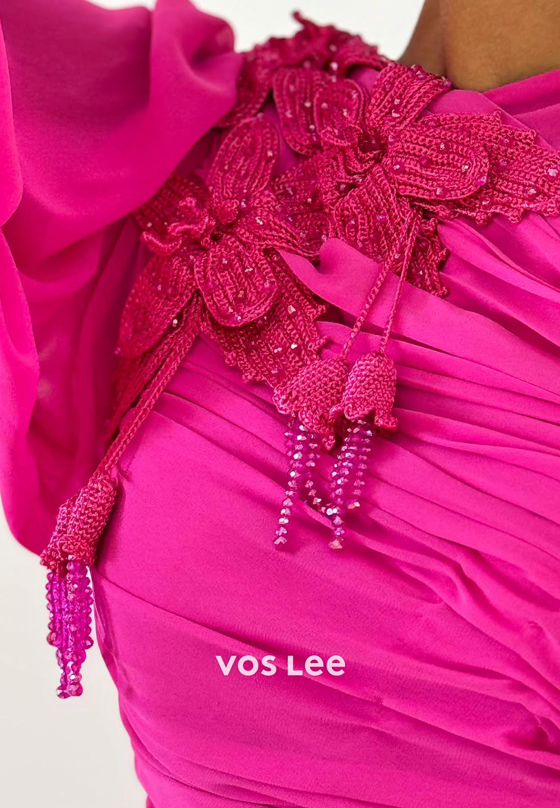 A-Line Long Sleeves One Shoulder Pleated Floral Embossed Evening Dress