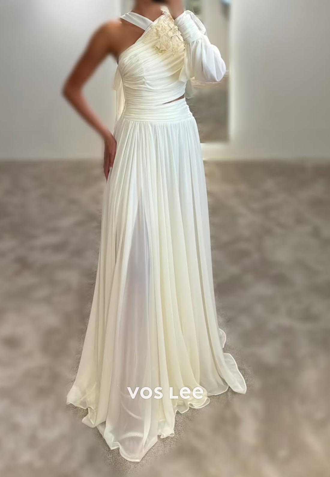 A-Line Long Sleeves One Shoulder Pleated Floral Embossed Evening Dress