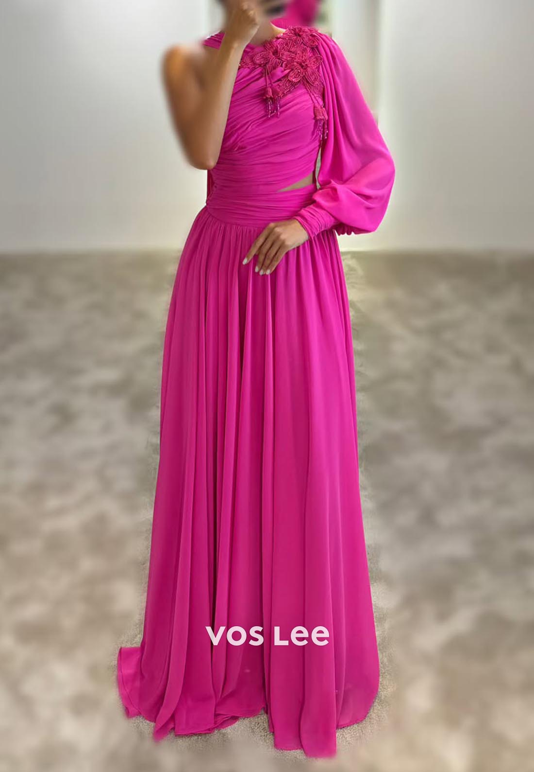 A-Line Long Sleeves One Shoulder Pleated Floral Embossed Evening Dress