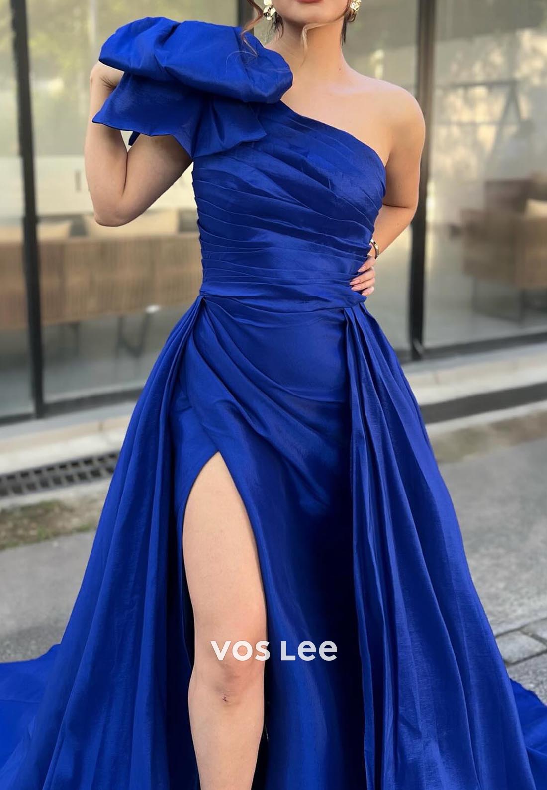 Gorgeous & Charming Royal Blue Pleats One Shoulder Bowknot Prom Dresses