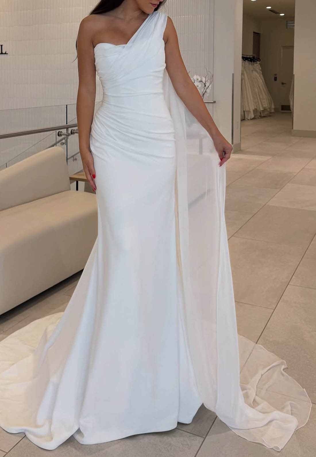 One Shoulder Sleeveless Ruched Wedding Dress