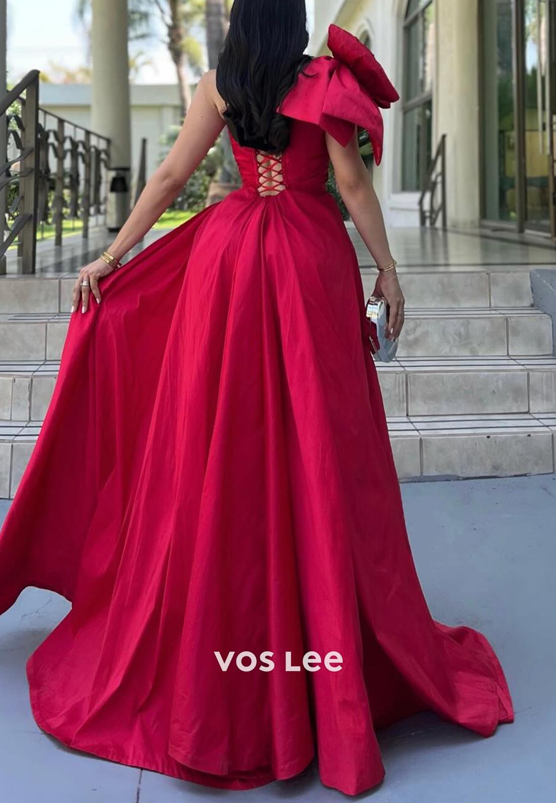 Classic A-Line One Shoulder Bowknot Pleats Prom Dresses with Side Split