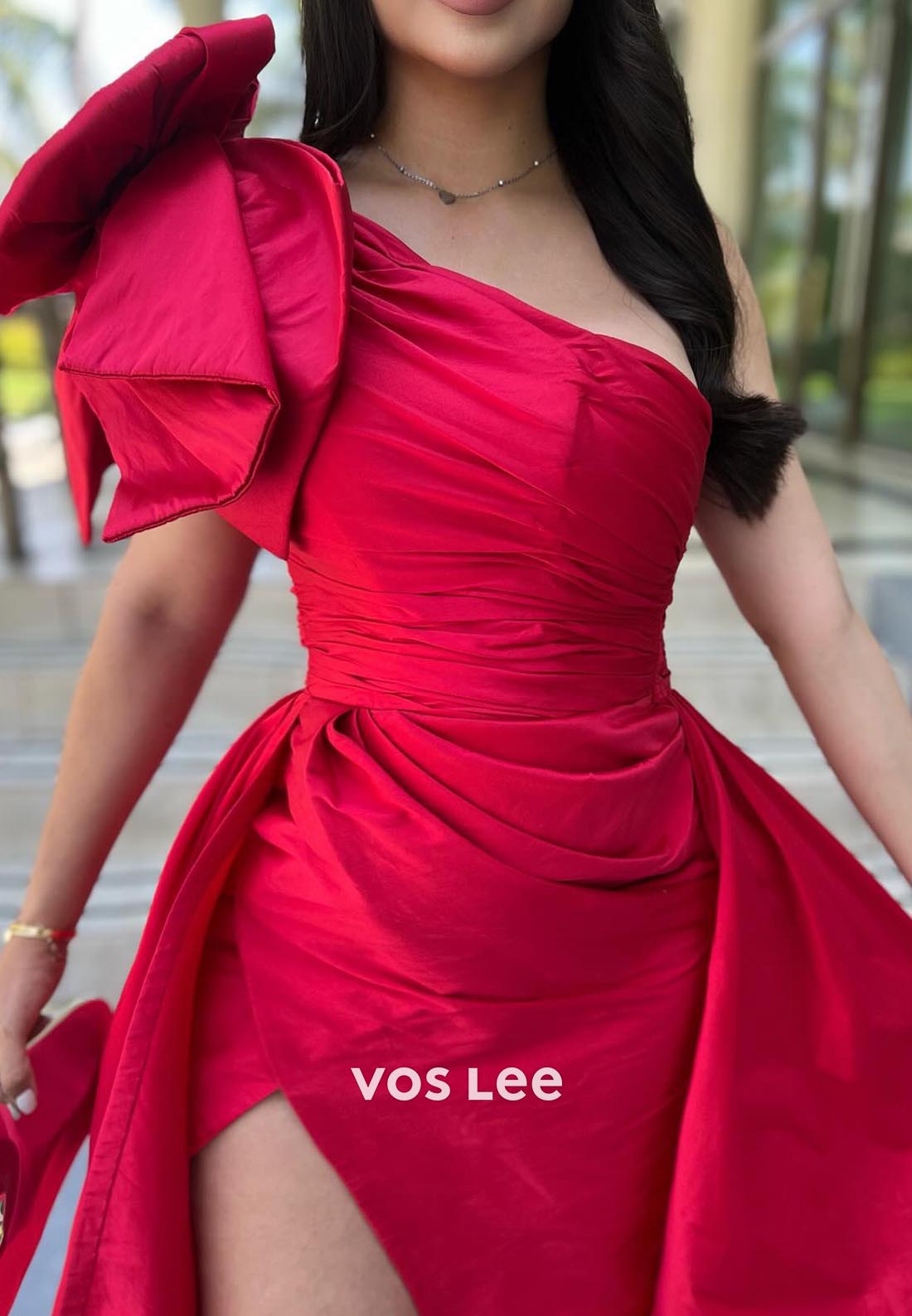 Classic A-Line One Shoulder Bowknot Pleats Prom Dresses with Side Split
