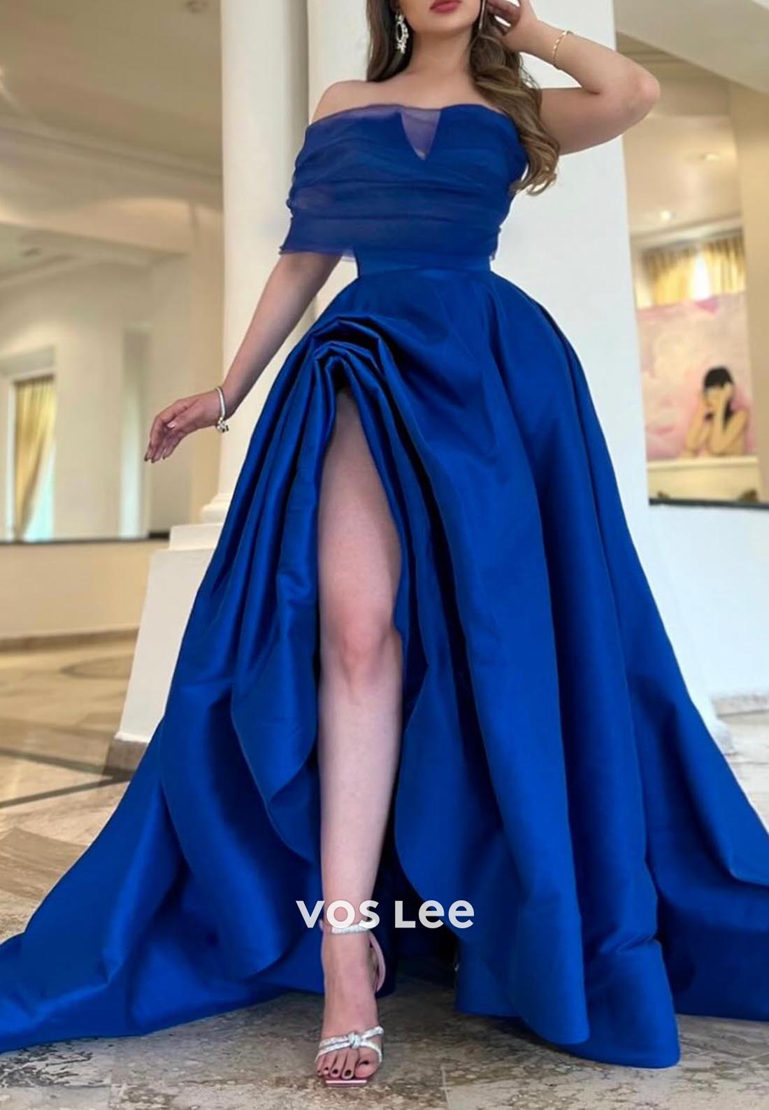 Classic & Timeless A-Line V-Neck One Shoulder Prom Dresses with Court Train