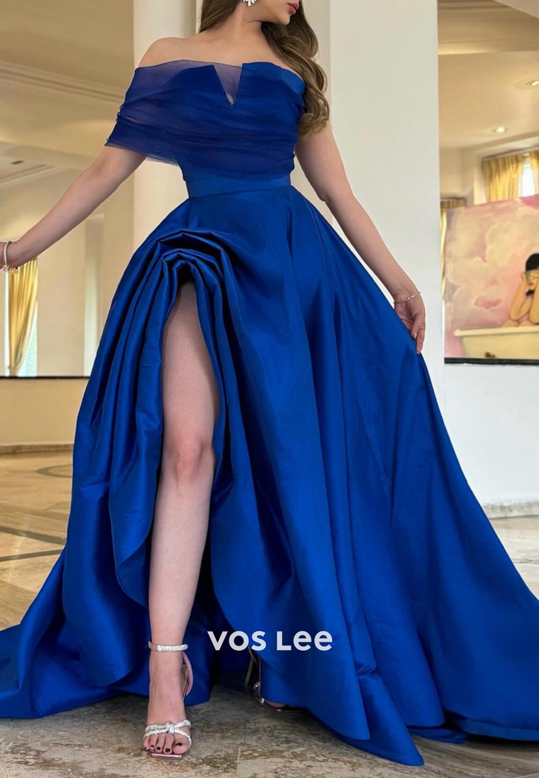 Classic & Timeless A-Line V-Neck One Shoulder Prom Dresses with Court Train