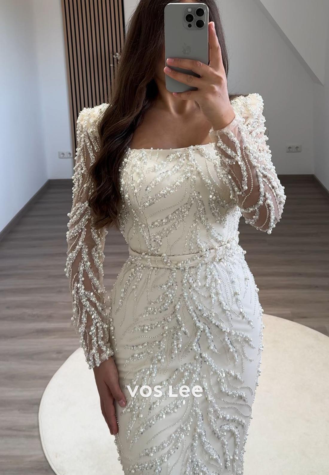 Long Sleevees Allover Lace Pearl Mermaid Midi Formal Dresses