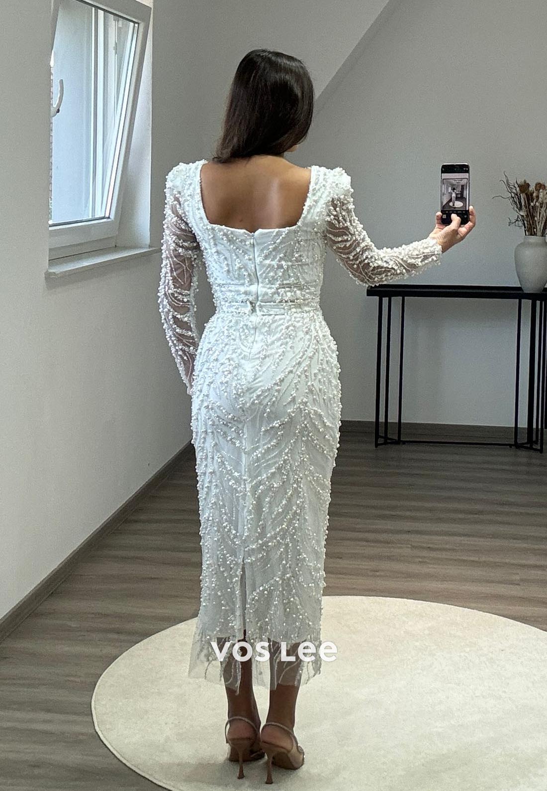 Long Sleevees Allover Lace Pearl Mermaid Midi Formal Dresses
