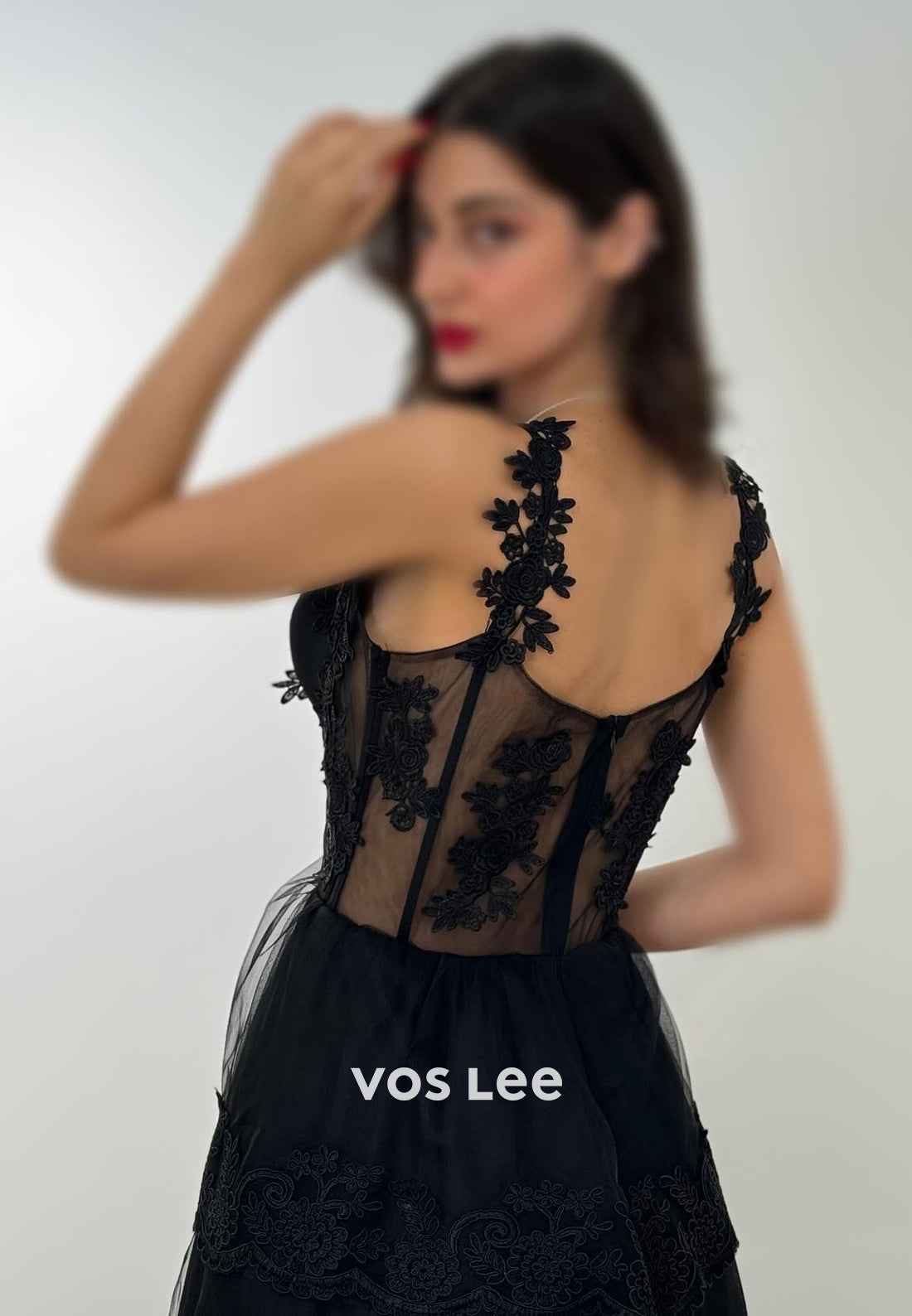 Chic Lace Applique Straps Square A-Line with Slit Long Prom Dress Ball Gown