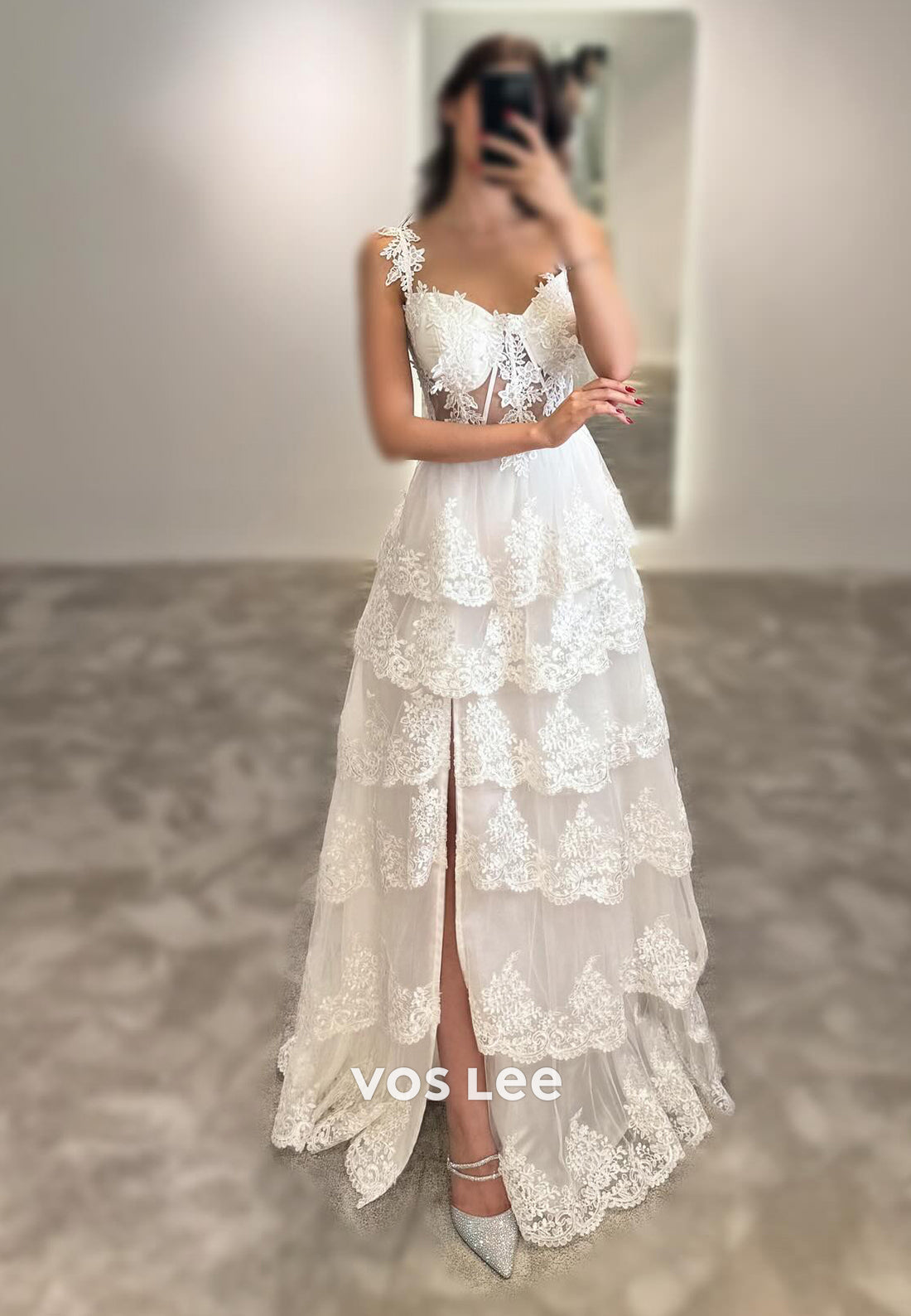 Chic Lace Applique Straps Square A-Line with Slit Long Prom Dress Ball Gown