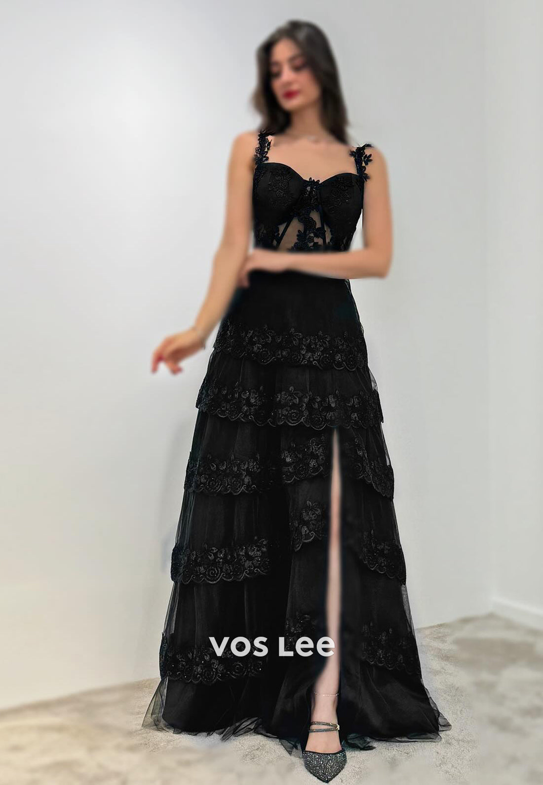Chic Lace Applique Straps Square A-Line with Slit Long Prom Dress Ball Gown