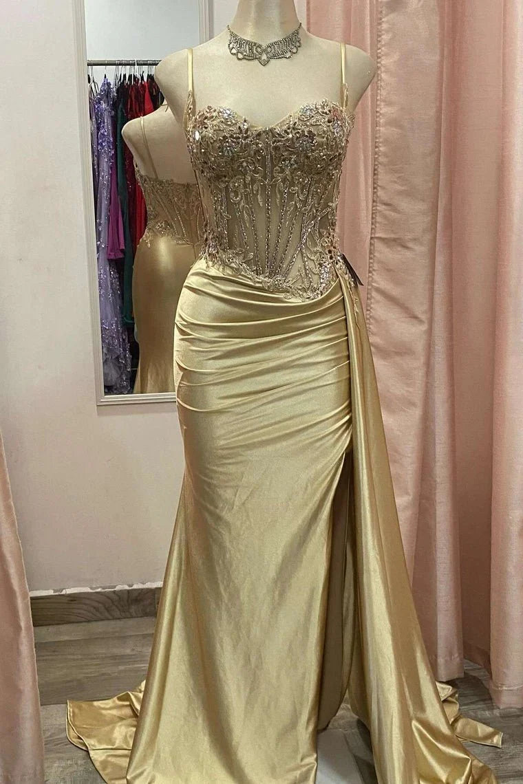 Gorgeous Spaghetti Straps Satin Prom Dress with Slit Sweetheart Lace Zipper Back Party Dress