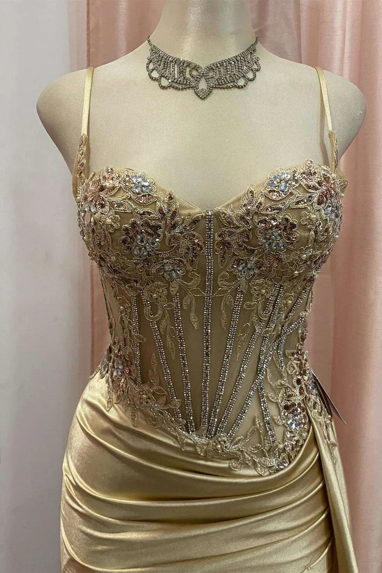 Gorgeous Spaghetti Straps Satin Prom Dress with Slit Sweetheart Lace Zipper Back Party Dress