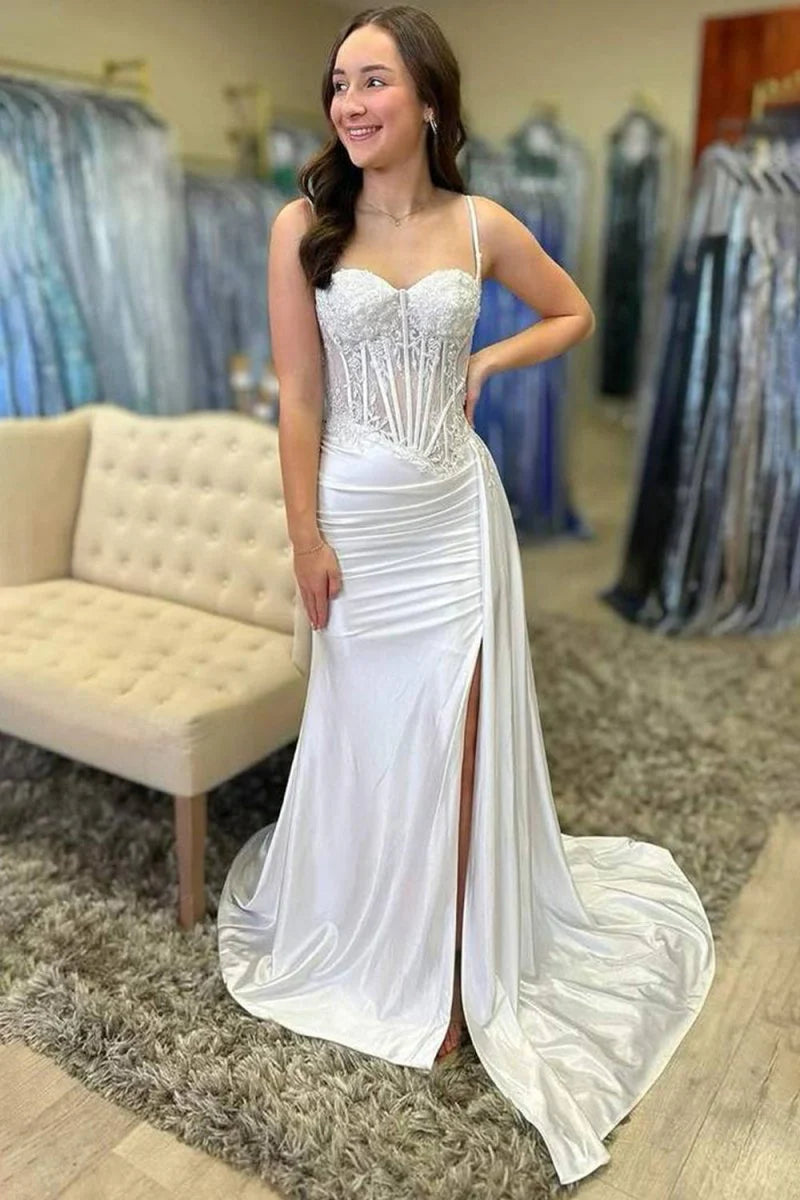 Gorgeous Spaghetti Straps Satin Prom Dress with Slit Sweetheart Lace Zipper Back Party Dress