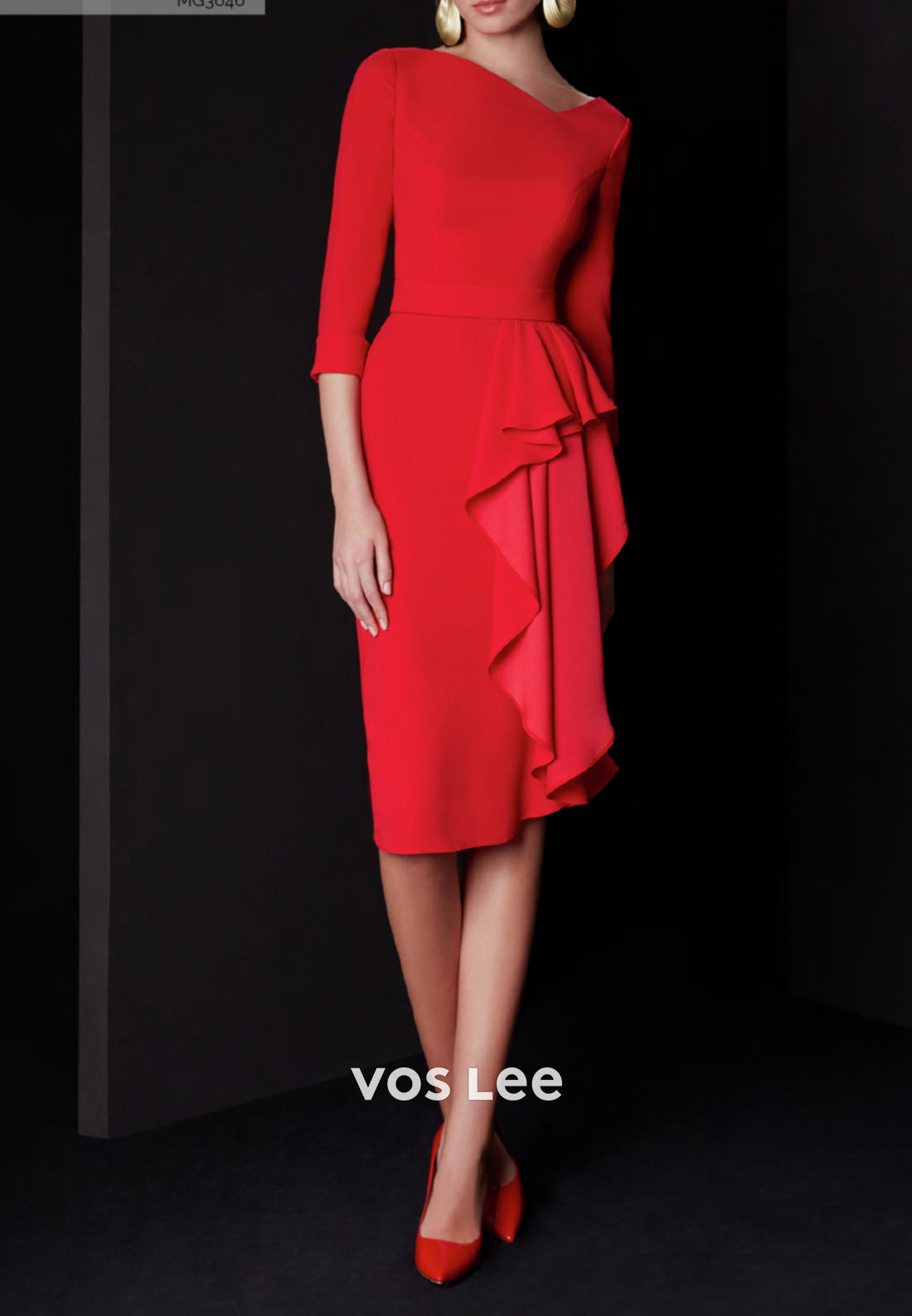 Simple 3/4 Sleeve V Neck Tea-Length Sheath Mother of Bride Dresses