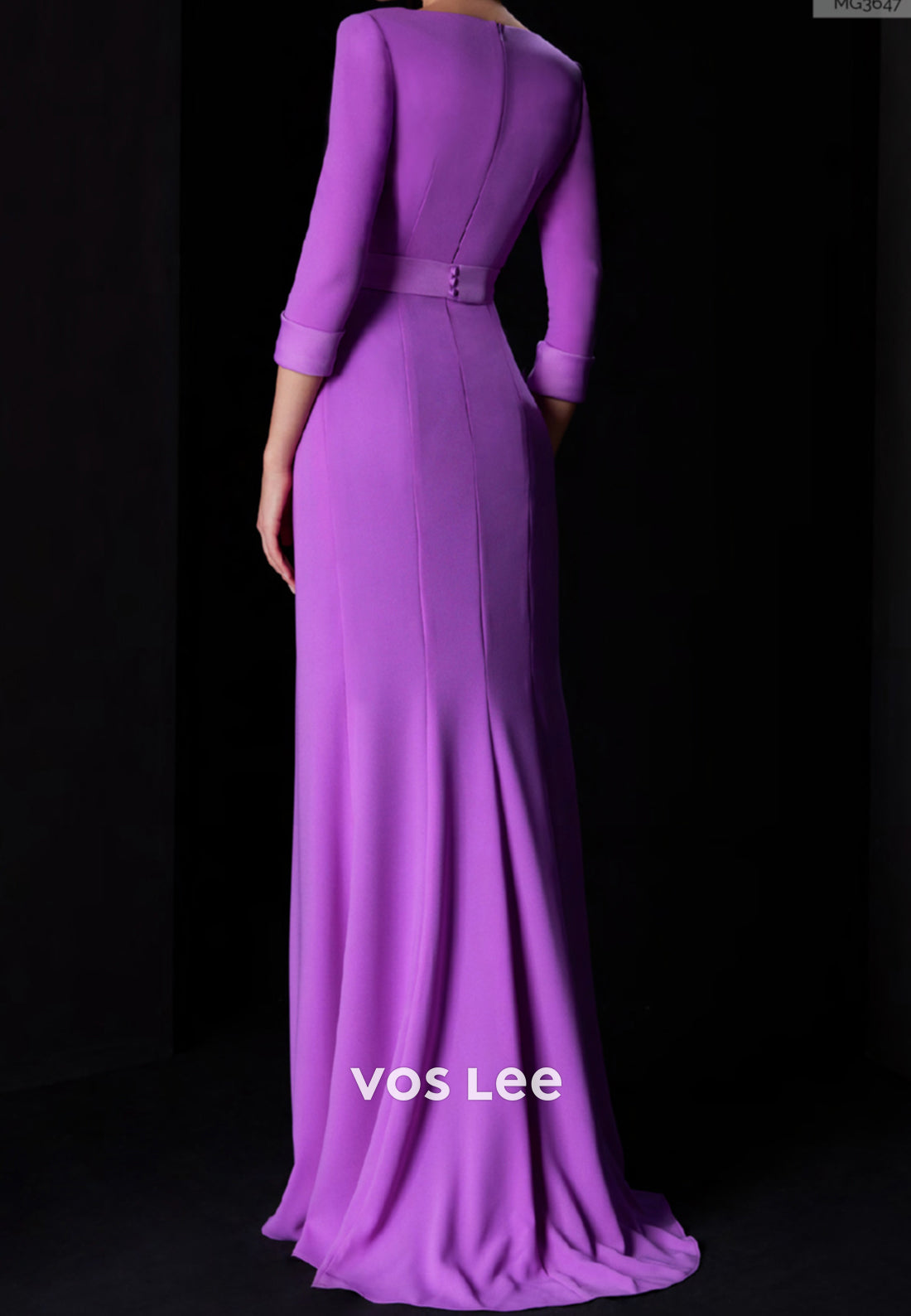 A-Line 3/4 Sleeve V Neck Floor-Length Pleated Mother of Bride Dresses with High Split