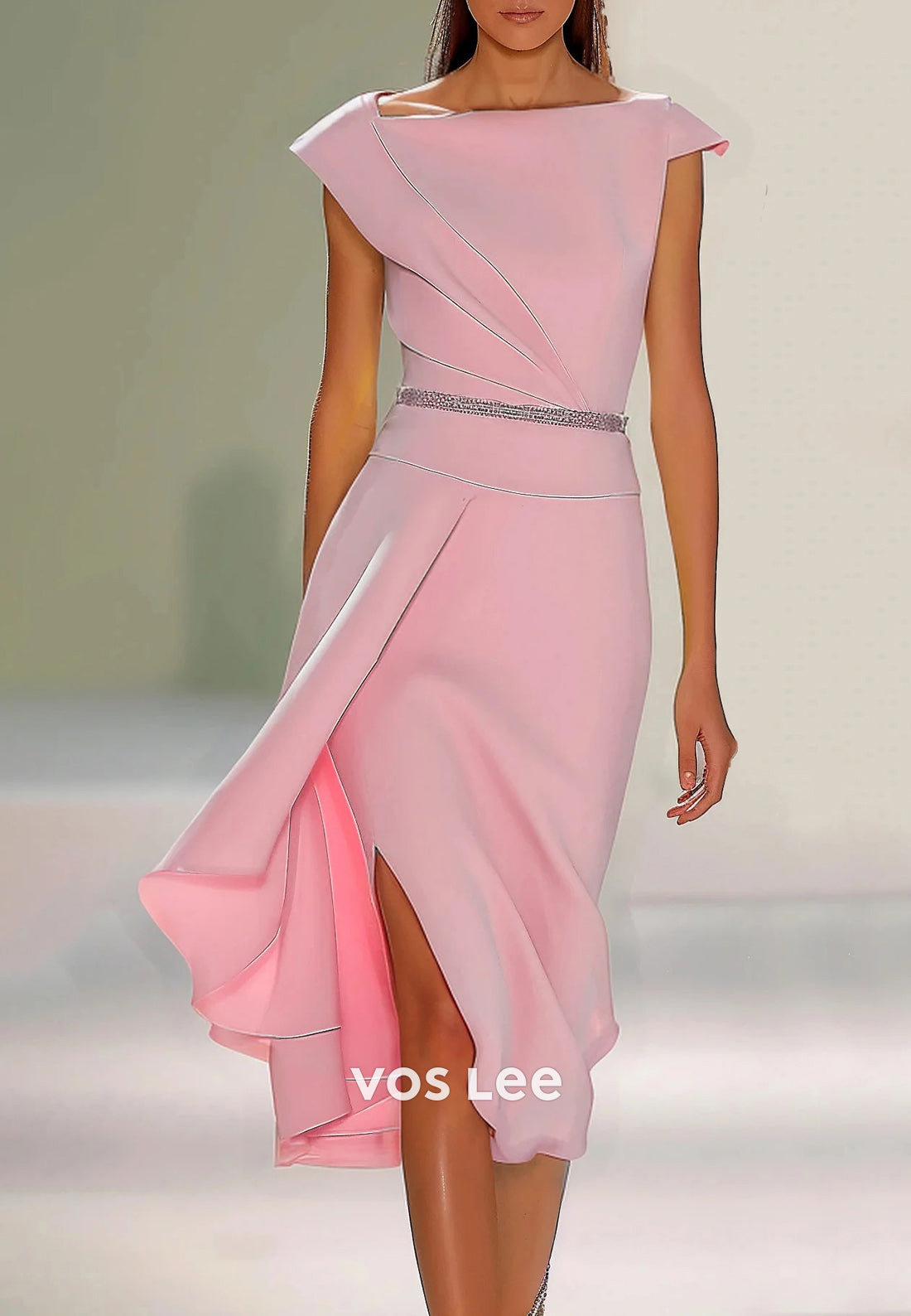 Simple & Classic Cap Sleeves Sheath Rhinestone Tea-Length Wedding Guest Dresses