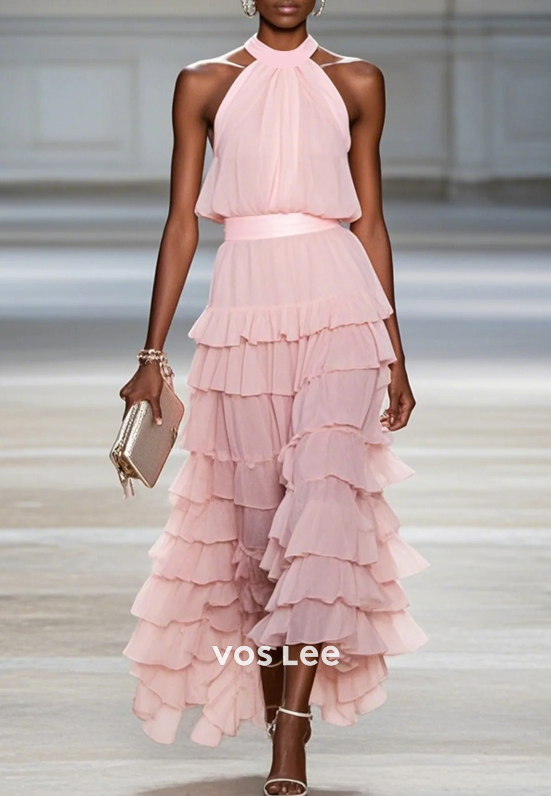 A-Line High Low Halter Ankle-Length Tiered Wedding Guest Dresses Party Dresses