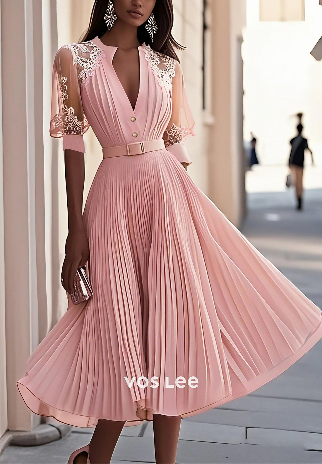 Pink Short Sleeve Pleated Lace V Neck A-Line Tea-Length Midi Chiffon Wedding Guest Dresses