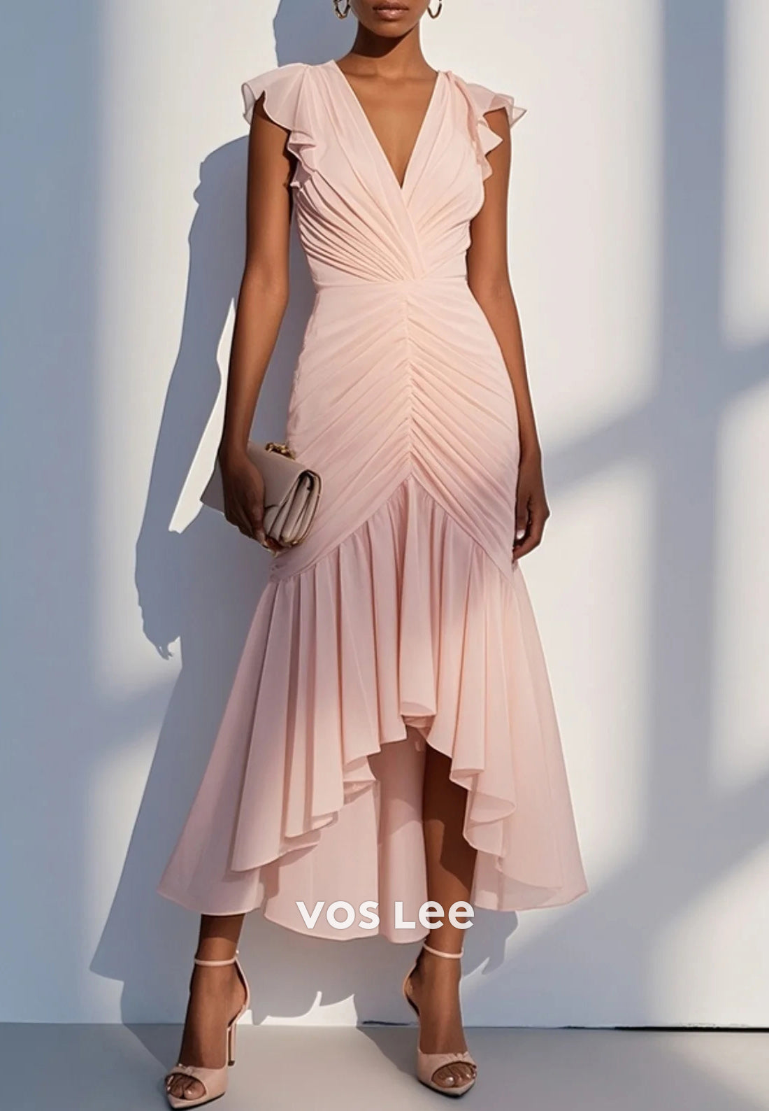 Couture & Classic High Low Cap Sleeves V Neck Pleated Sheath Wedding Guest Dresses