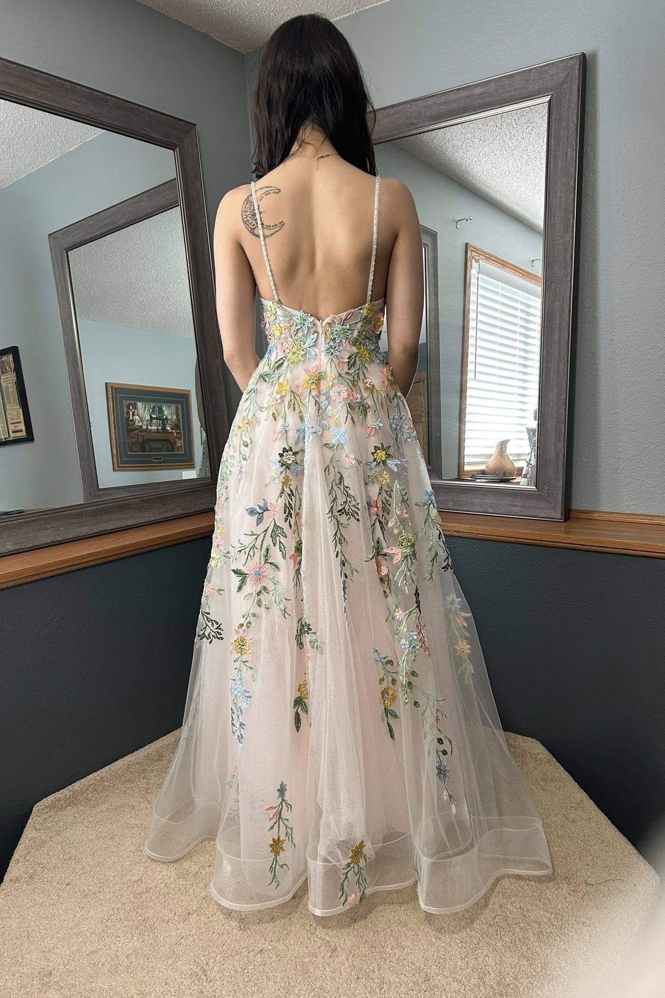 Plunge Neck Ivory Floral Appliques Long Dress with Slit