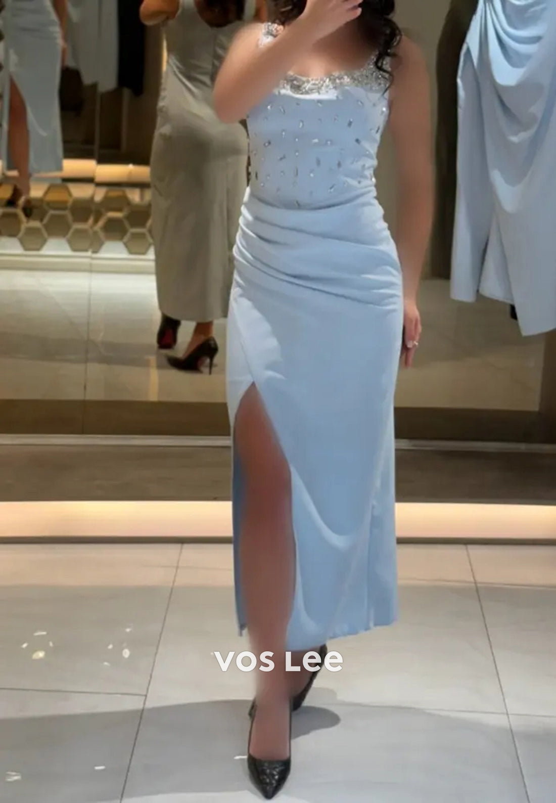 Sparkling Spaghetti Straps Rhinestone Pleated Mermaid Evening Dresses with Split