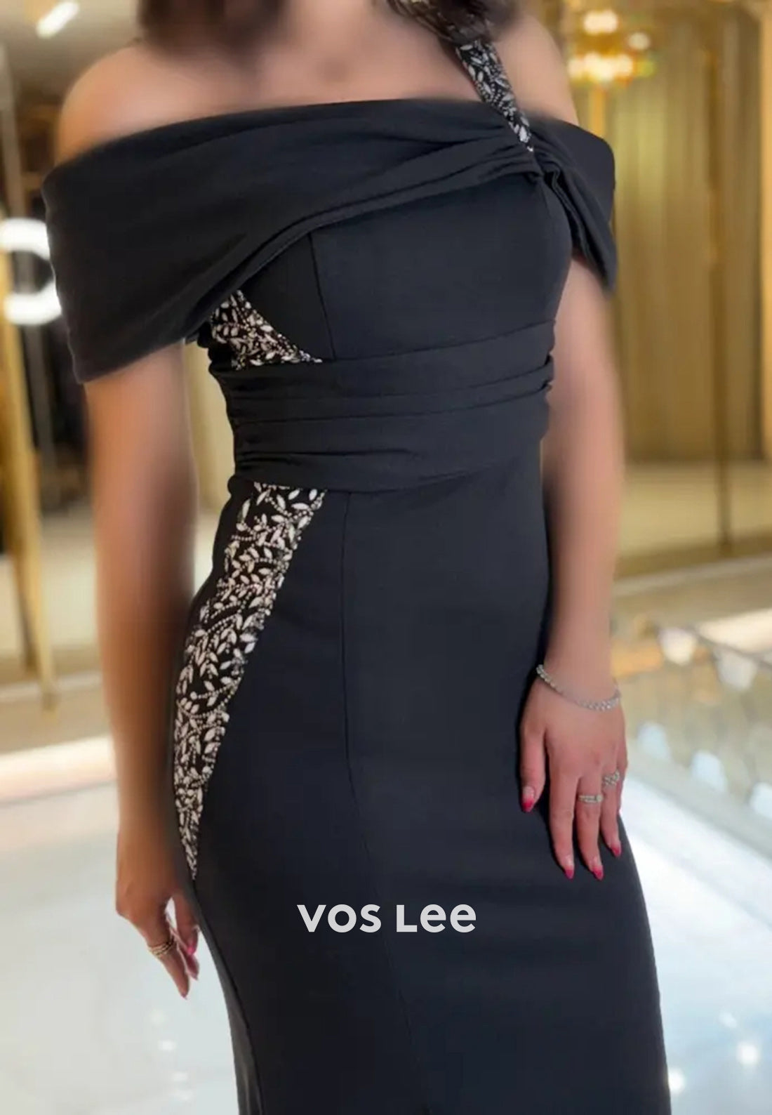 Pleated Off the Shoulder Rhinestone Mermaid Evening Dresses with High Split