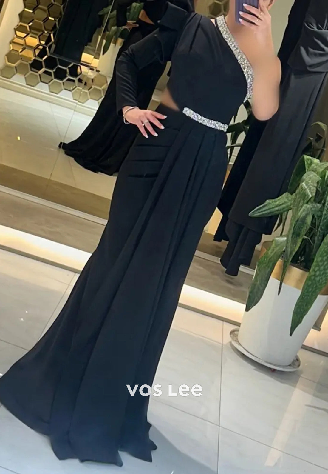 One Shoulder Long Sleevees Rhinestone Pleated Mermaid Evening Dresses with Split
