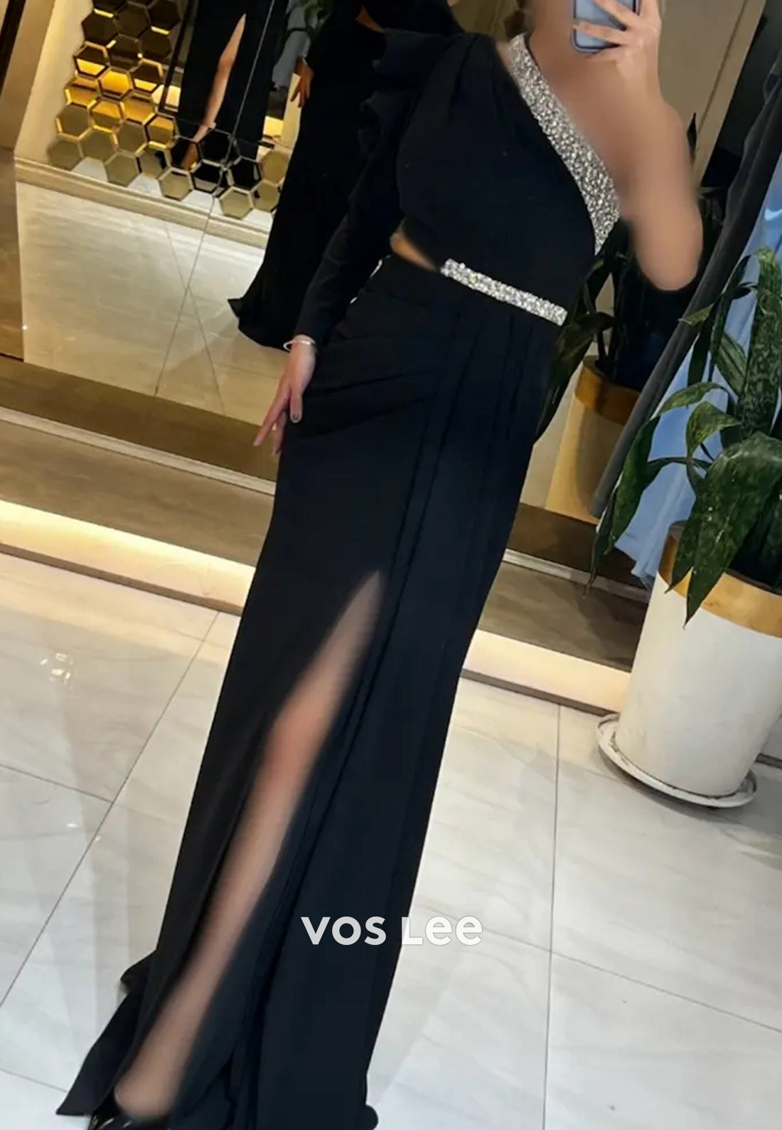 One Shoulder Long Sleevees Rhinestone Pleated Mermaid Evening Dresses with Split