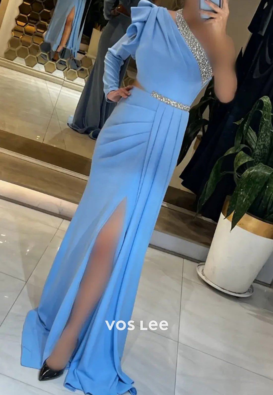 One Shoulder Long Sleevees Rhinestone Pleated Mermaid Evening Dresses with Split