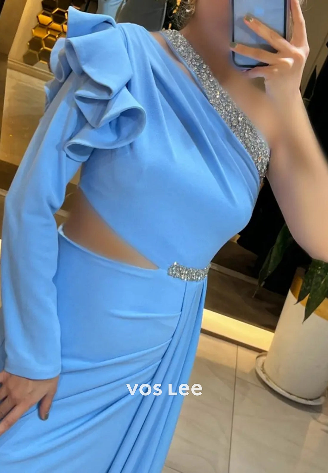 One Shoulder Long Sleevees Rhinestone Pleated Mermaid Evening Dresses with Split