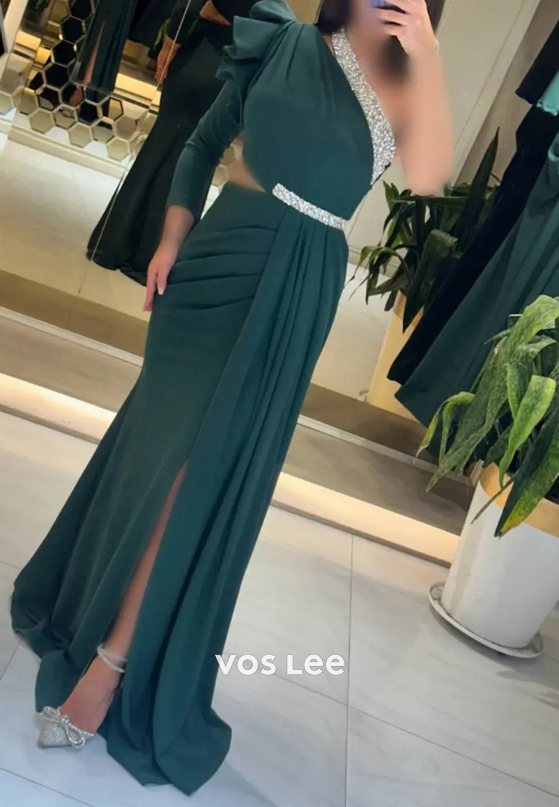 One Shoulder Long Sleevees Rhinestone Pleated Mermaid Evening Dresses with Split