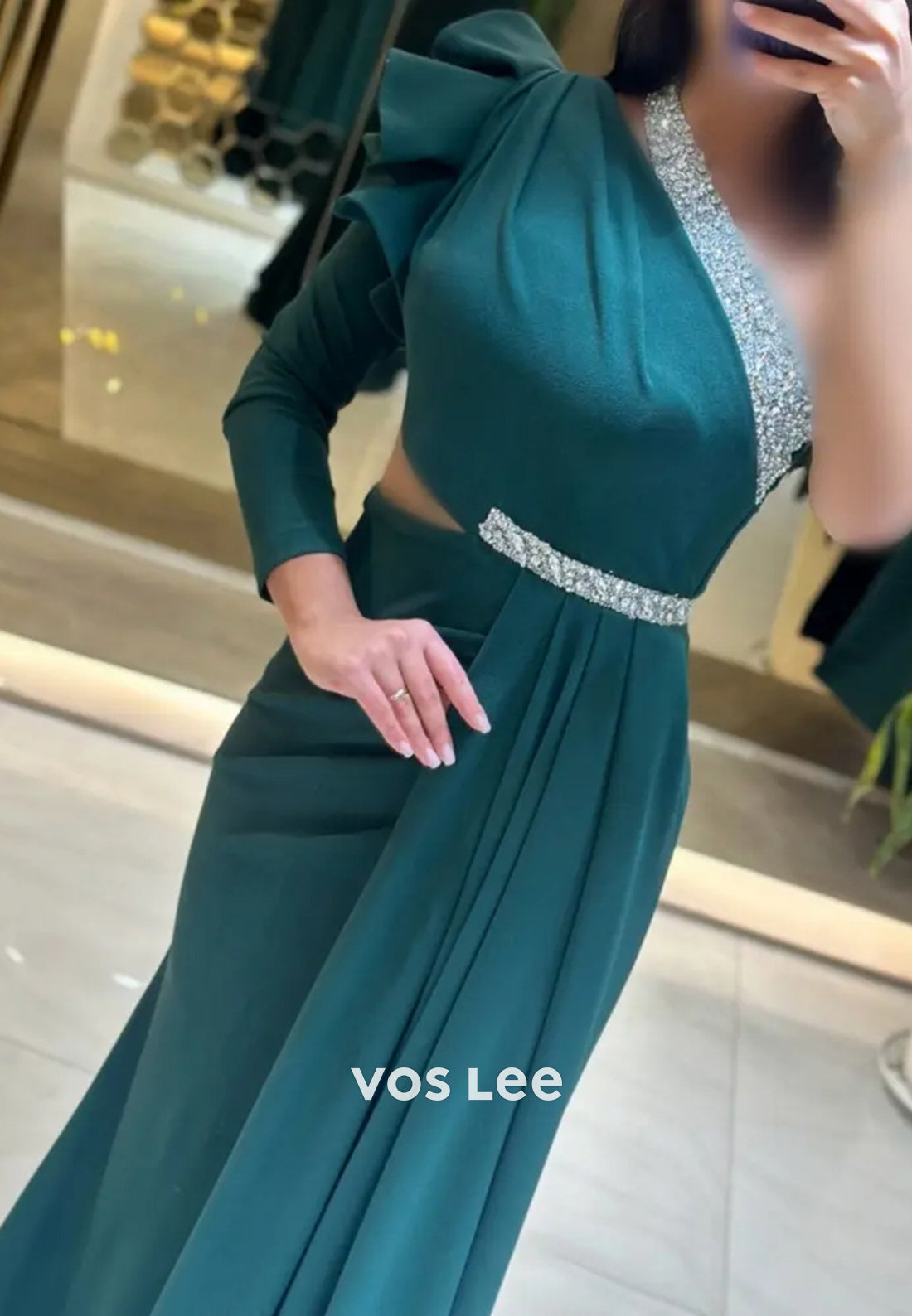 One Shoulder Long Sleevees Rhinestone Pleated Mermaid Evening Dresses with Split