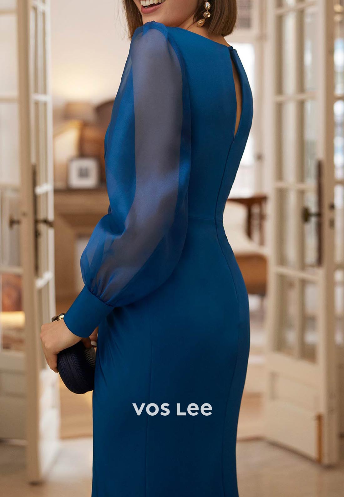 Long Sleeve Tulle V Neck Flowers Tea-Length Pleated Sheath Mother of Bride Dresses