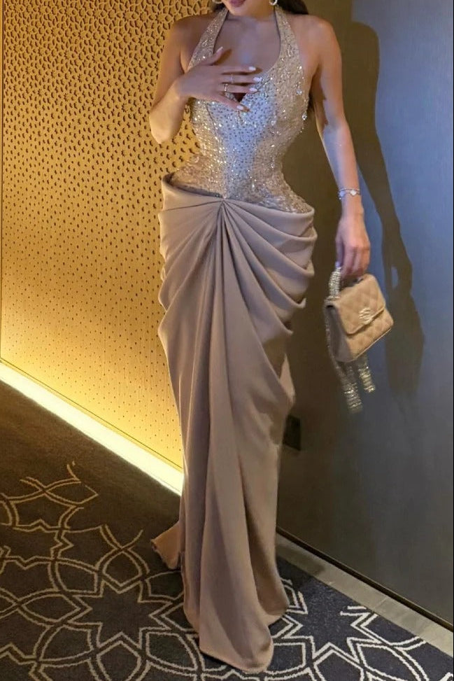 Sequin Corset Halter Gown with Draped Maxi Skirt