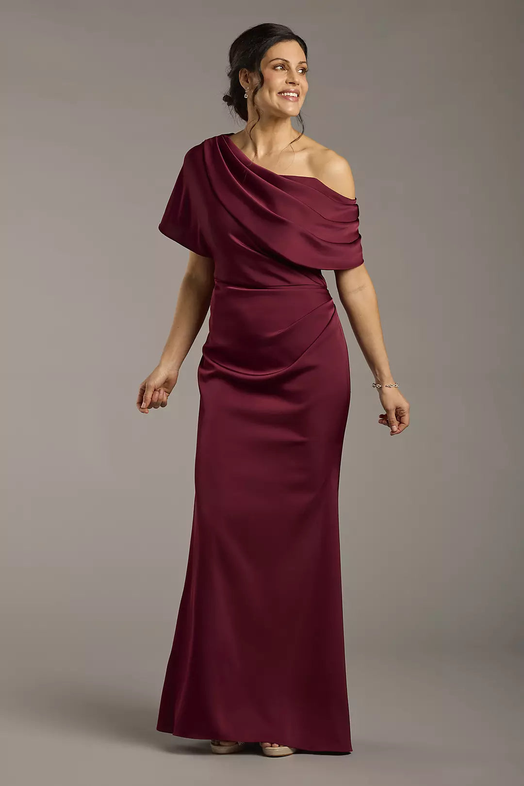 Burgundy Satin Off-Shoulder Evening Dress | Elbow Sleeve Floor-Length Sheath Formal Gown
