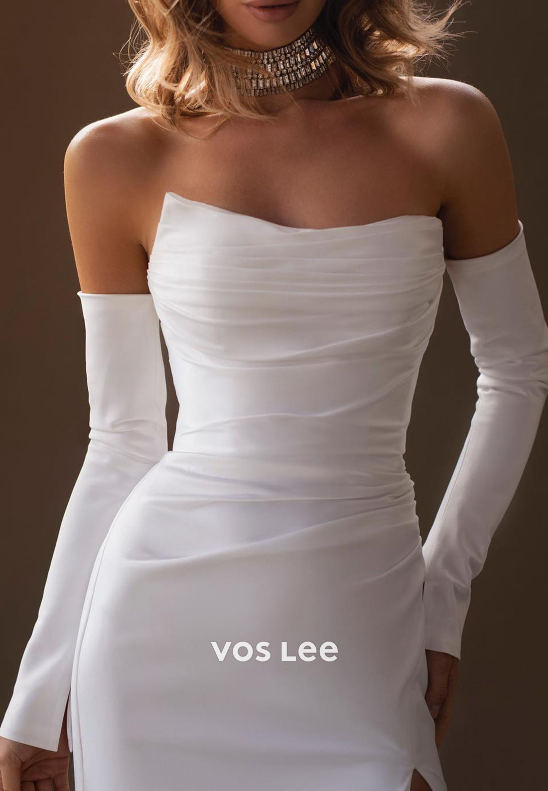 Long Sleeve Strapless Satin Pleated Mermaid Wedding Dresses with Sweep Train