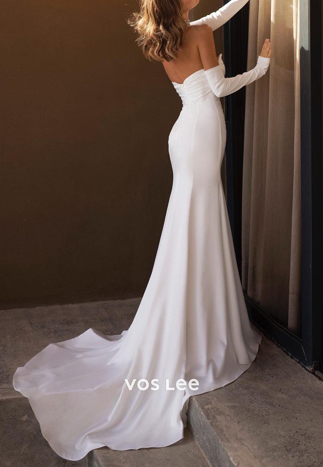 Long Sleeve Strapless Satin Pleated Mermaid Wedding Dresses with Sweep Train