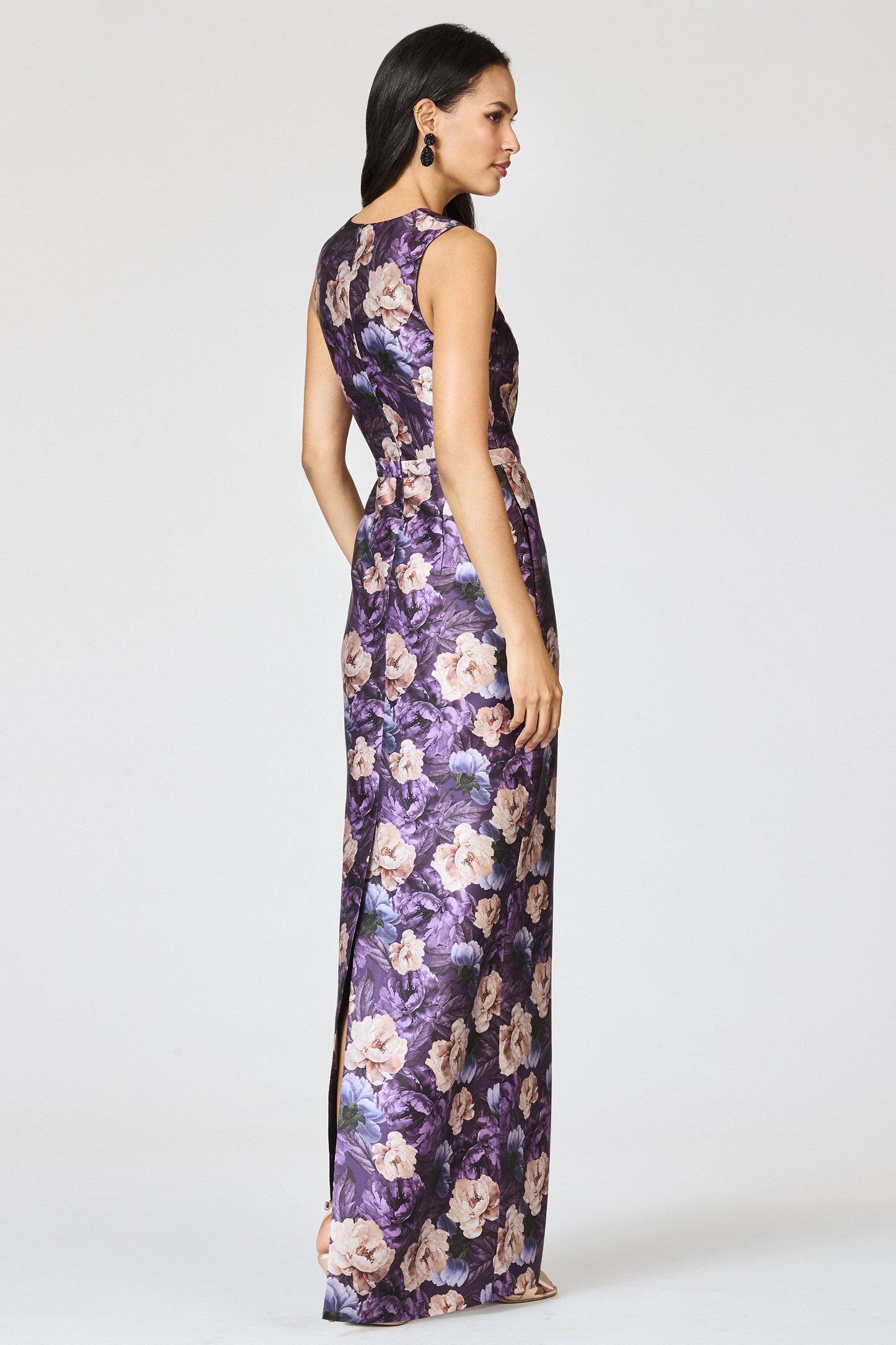 Purple Floral Print V-Neck Column Maxi Evening Gown