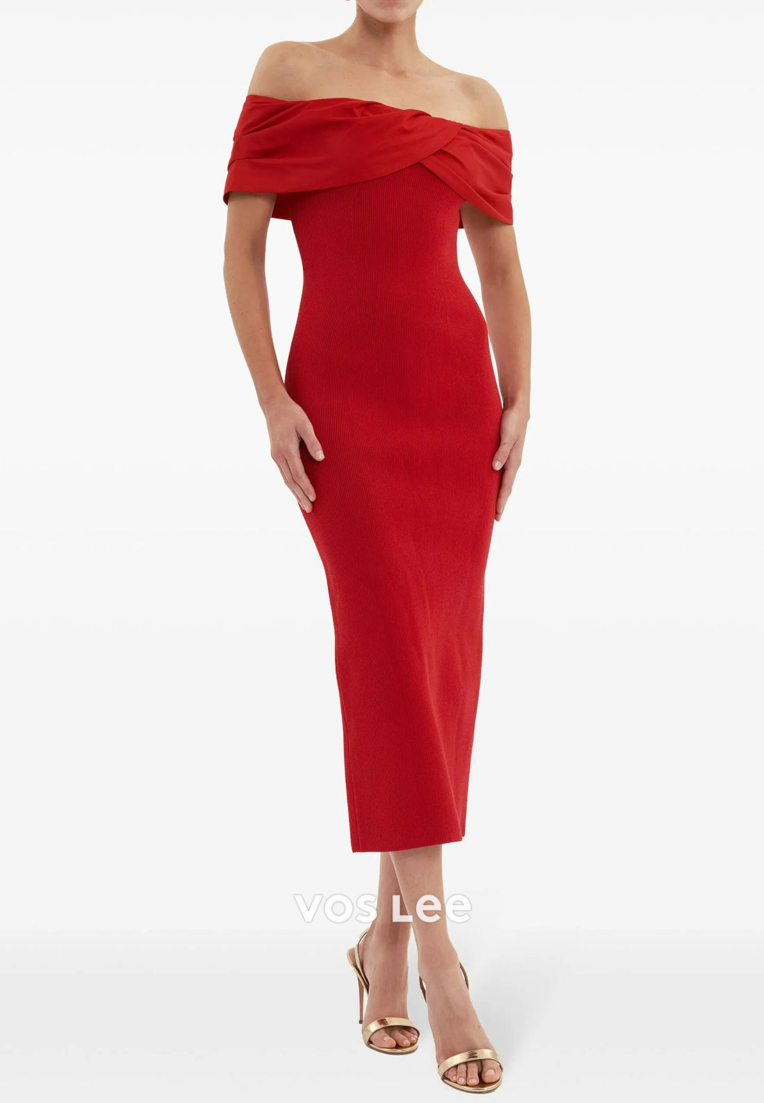 Off the Shoulder Tea-Length Pleated Mermaid Mother of Bride Dresses