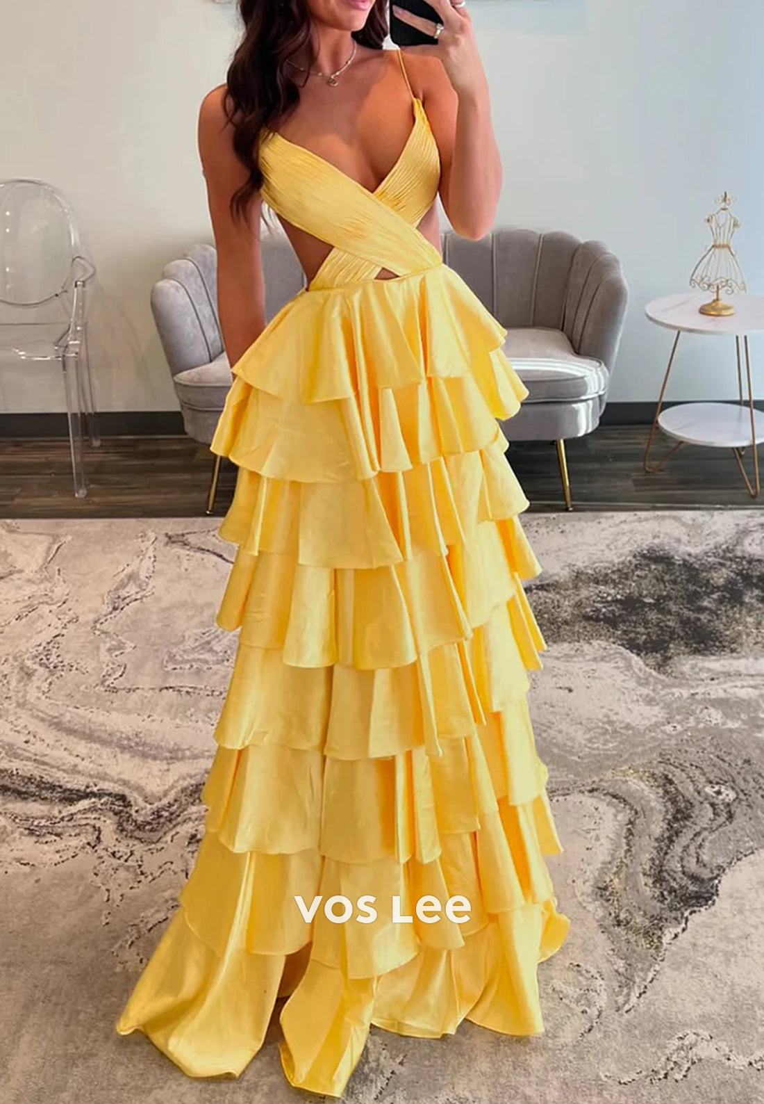 A-Line Criss-Cross Straps Pleated Tiered Floor-Length Sexy Prom Dresses