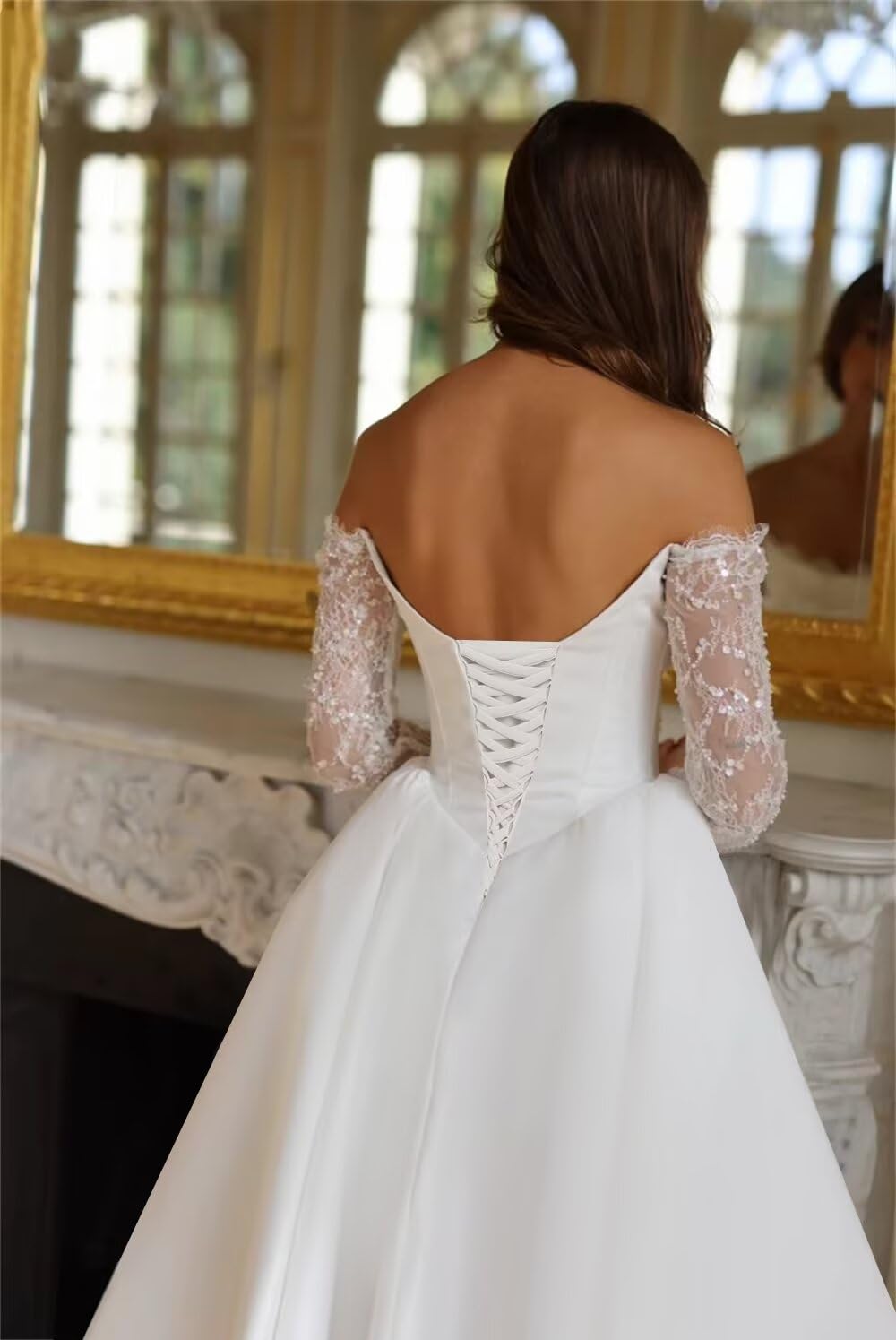 Gorgeous A-Line Off Shoulder Long Sleeves Lace Appliques Sequins High Split Satin Wedding Gown