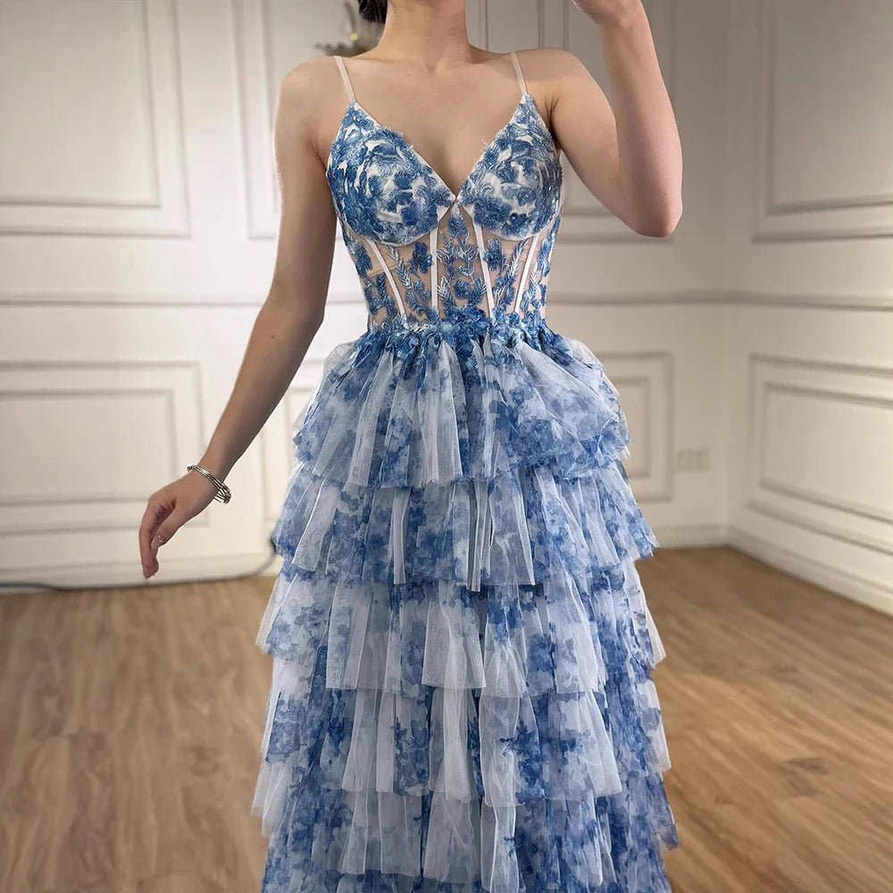Spaghetti straps blue print floral Ruffle prom dress
