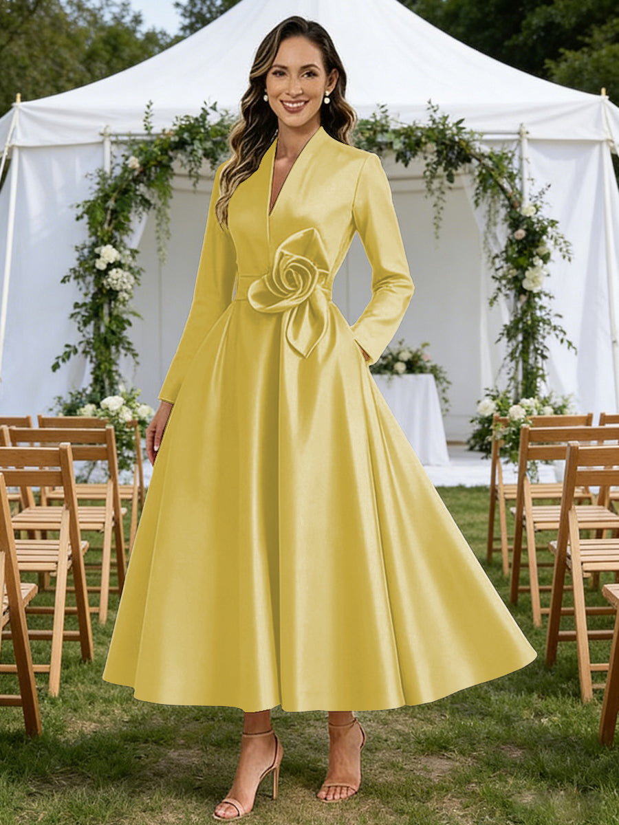 A-Line V-Neck Satin Tea-Length Mother of the Bride Dresses with Flower