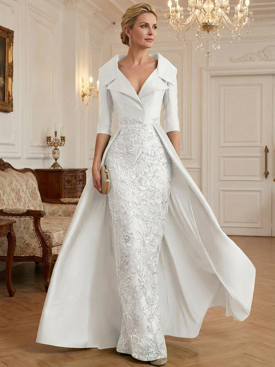 Sheath V Neck 3/4 Sleeve Sequined Mother of the Bride Dress