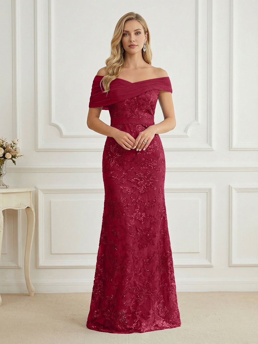 Mermaid Off Shoulder Short Sleeve Long Mother of the Bride Dress