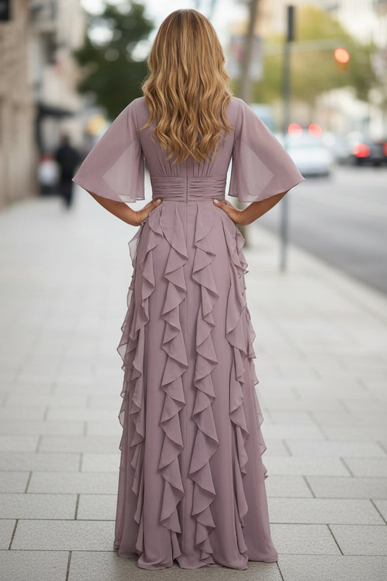 A-Line Chiffon Tiered Ruffles Mother of the Bride & Groom Dresses with Ruched Waist