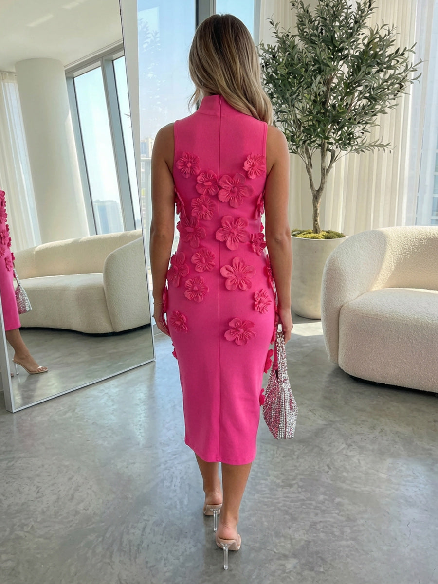 Sheath Satin Midi-Length High Neck Cocktail Dress
