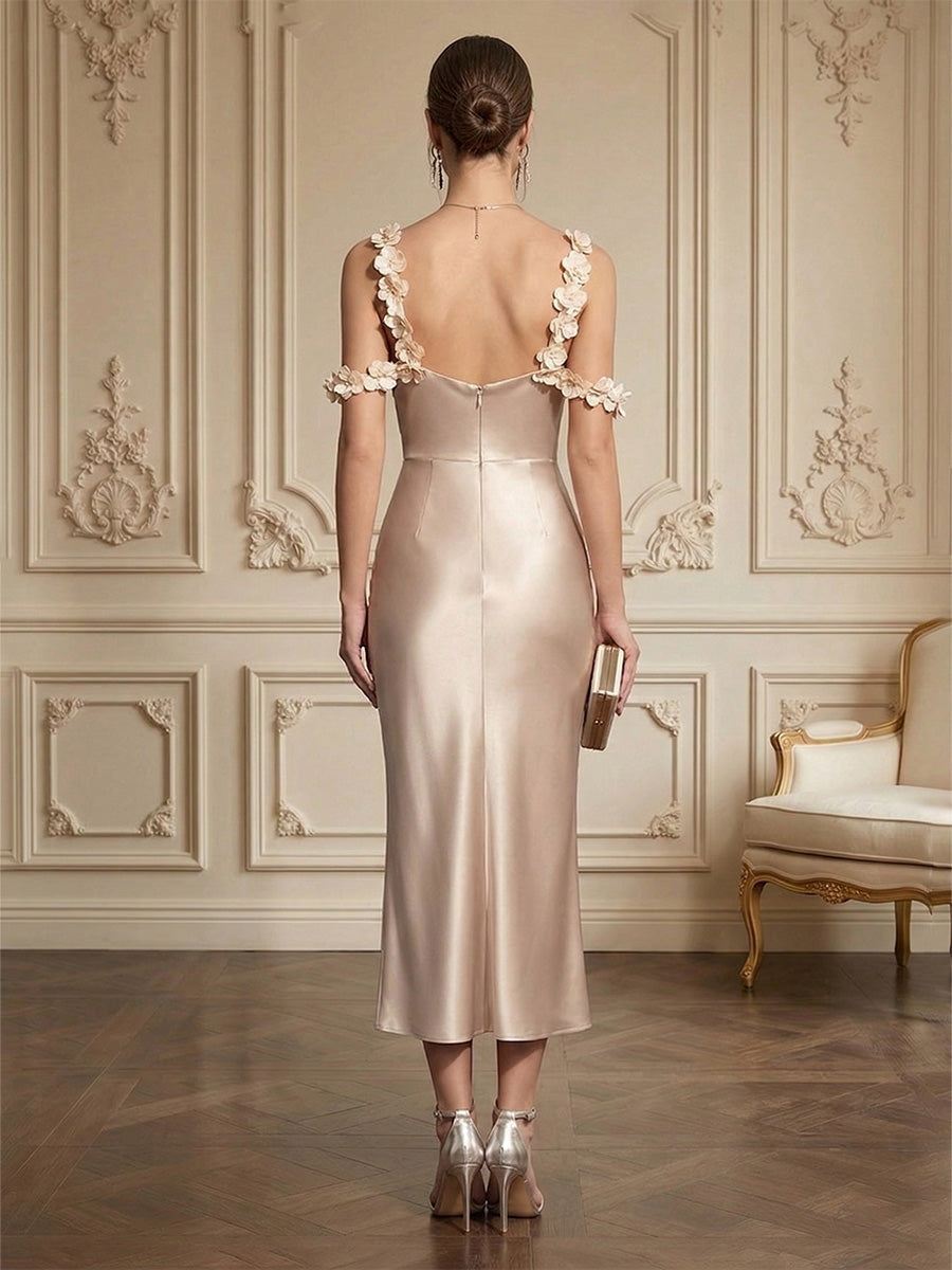 Sheath Tea-Length Satin Spaghetti Straps Cocktail Dress