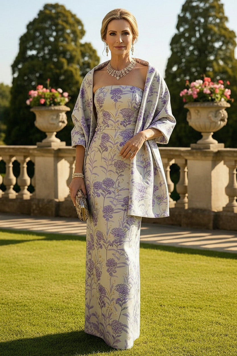 Mother of the Bride & Groom Dress Wedding Guest Gown Jacquard Sheath with Scarf