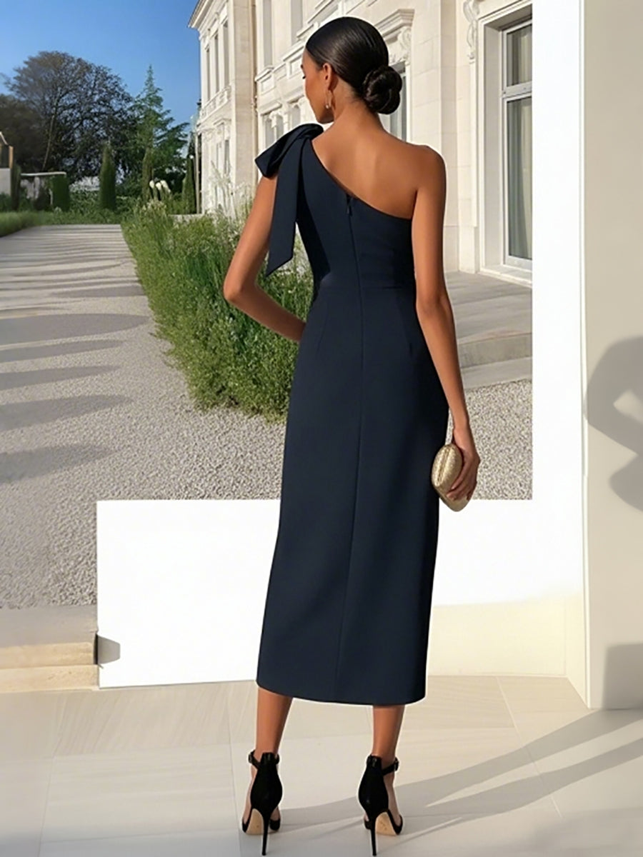 Sheath Tea Length One Shoulder Versatile Cocktail Dress